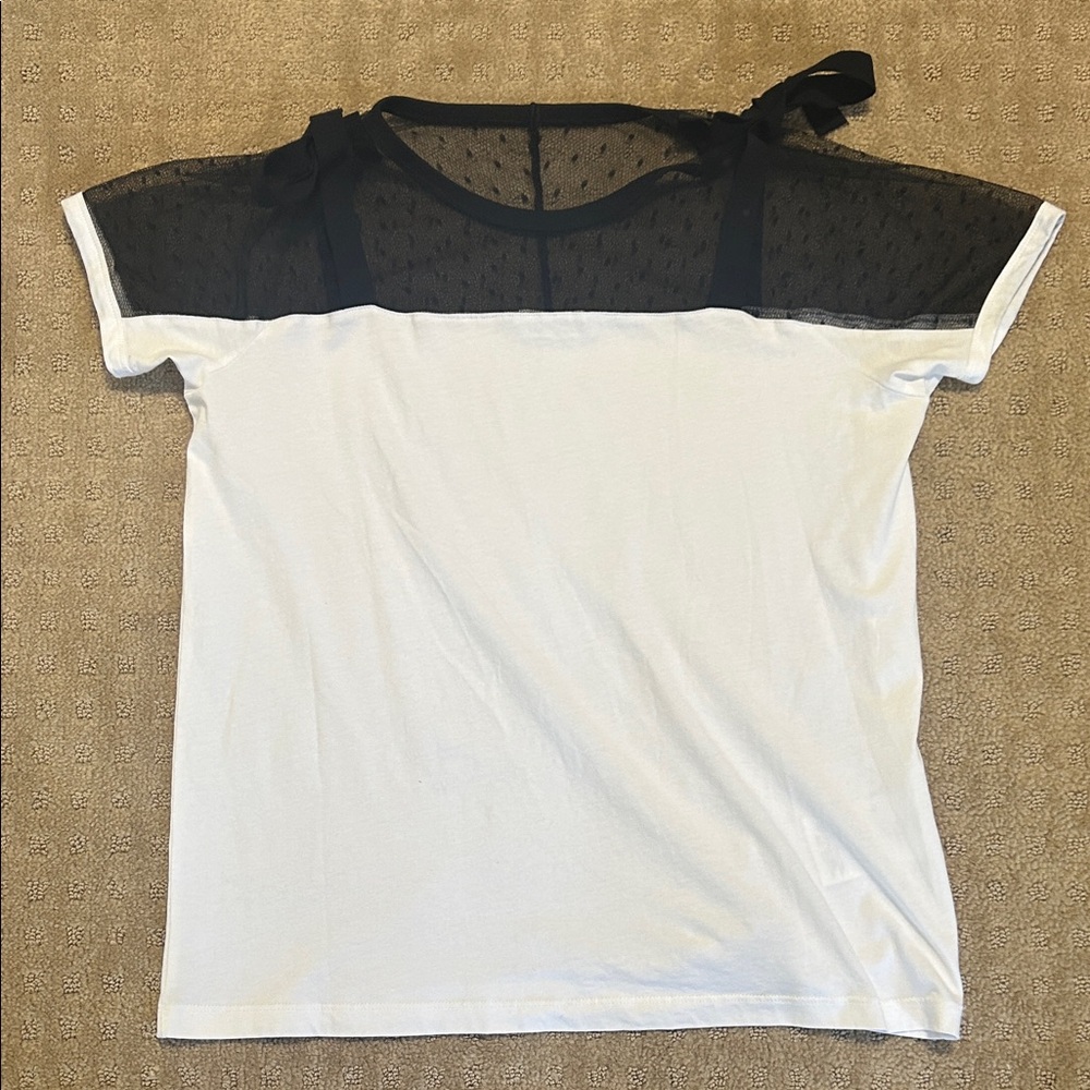 Red Valentino black and white t shirt with point d’esprit tulle and bow detail